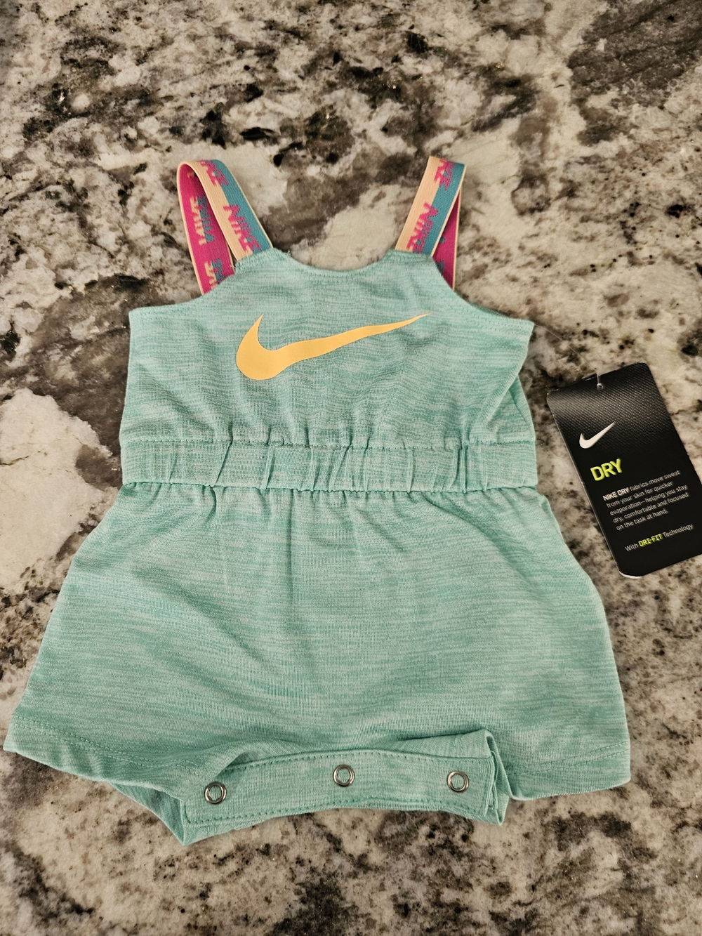 Nike Teal Baby Romper with Yellow Swoosh and Pink Logo Straps